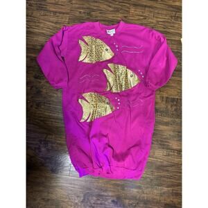Vintage SERGIO VALENTE Sweatshirt Dress Pink Gold Fish Applique One Size